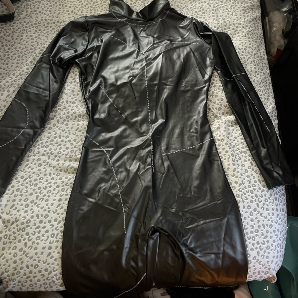 Forplay Black Faux Leather Long-Sleeve Jumpsuit